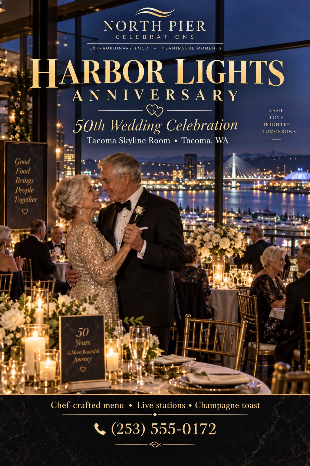 An elegant flyer showing an older couple dancing at a formal anniversary dinner. A city skyline at night is visible through large windows. Gold text promotes catering services.