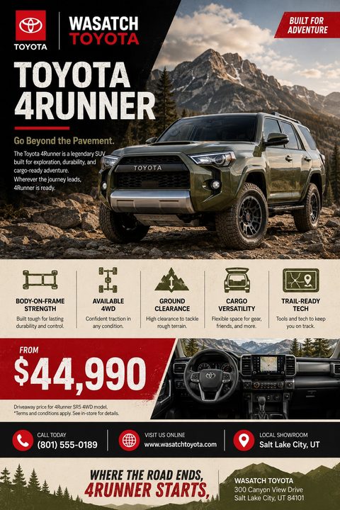 A rugged car dealership flyer featuring a green SUV in a mountain setting, a bold diagonal layout, feature icons, a large price tag, and an interior dashboard photo.