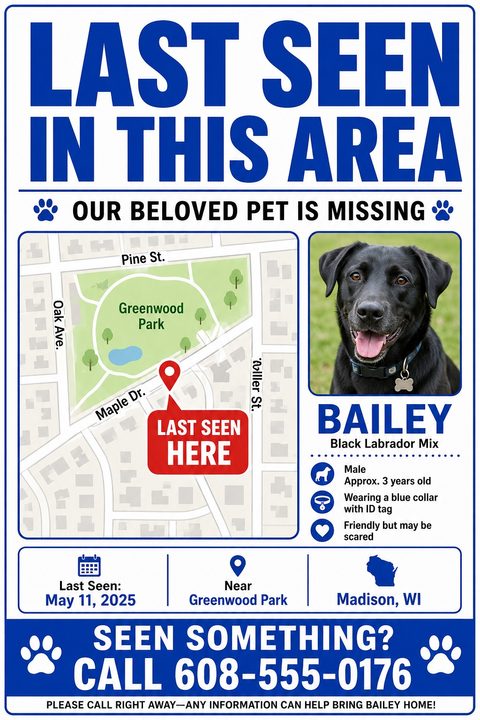 A lost pet flyer with a large blue 'LAST SEEN IN THIS AREA' headline. It features a street map with a red 'LAST SEEN HERE' pin, a dog's photo, pet details, and a large phone number.
