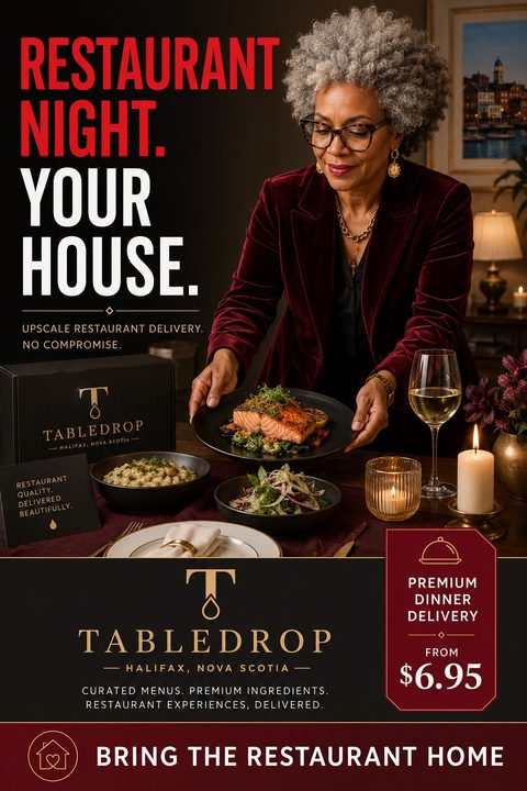 A woman in a burgundy velvet jacket sets a table with a gourmet salmon dish, wine, and candles. Text reads 'Restaurant Night. Your House. Upscale restaurant delivery. No compromise.'