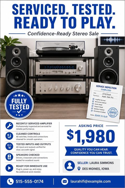 Flyer for a stereo system sale. Headline reads 'Serviced. Tested. Ready to Play.' Features a photo of a complete stereo system with speakers, amplifier, and turntable. Includes a 'Fully Tested' badge, a service inspection checklist, bullet points.