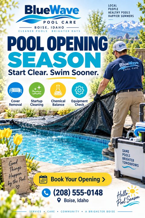 A pool care flyer featuring a man removing a black cover from a bright blue swimming pool. The design includes a large bold headline, four service icons, and a yellow booking button.