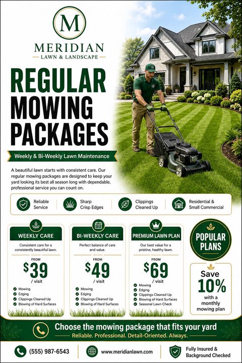 A lawn care flyer featuring a man mowing a striped lawn in front of a house. Below, three pricing tiers for weekly, bi-weekly, and premium care are displayed in green and white boxes.
