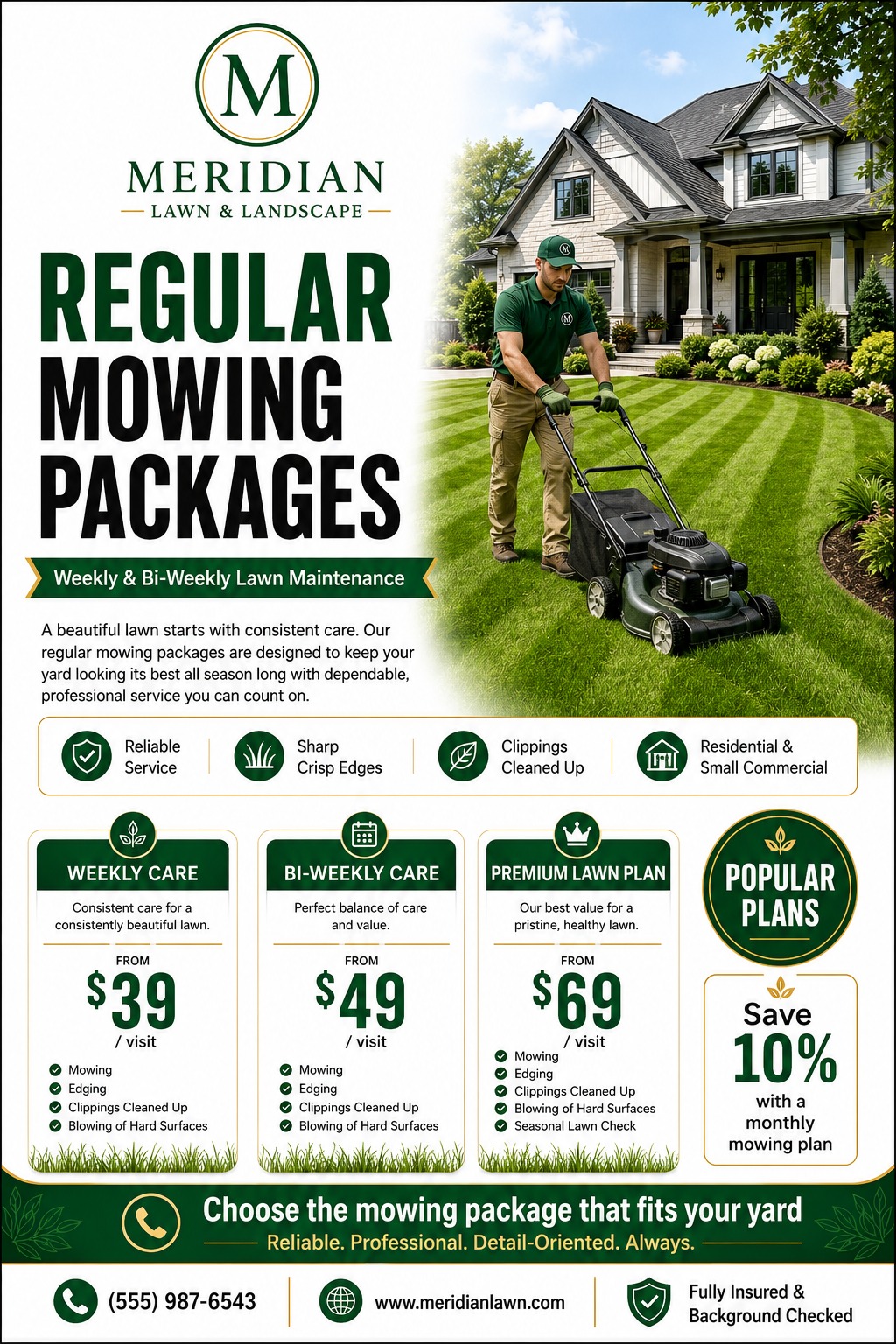 A lawn care flyer featuring a man mowing a striped lawn in front of a house. Below, three pricing tiers for weekly, bi-weekly, and premium care are displayed in green and white boxes.