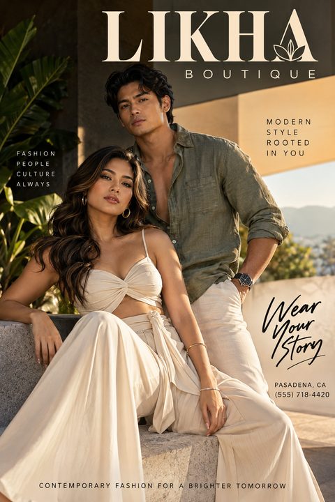 A magazine-style fashion boutique flyer featuring a large photo of a stylish couple in earthy tones. Elegant serif typography reads Likha Boutique at the top, with a script accent Wear Your Story.