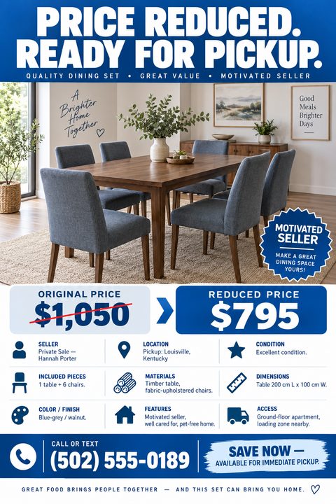 A flyer advertising a price-reduced dining set for sale. It features a large photo of a wooden table with six blue-grey chairs, original and reduced prices, and a grid of item details like condition, materials, and dimensions.
