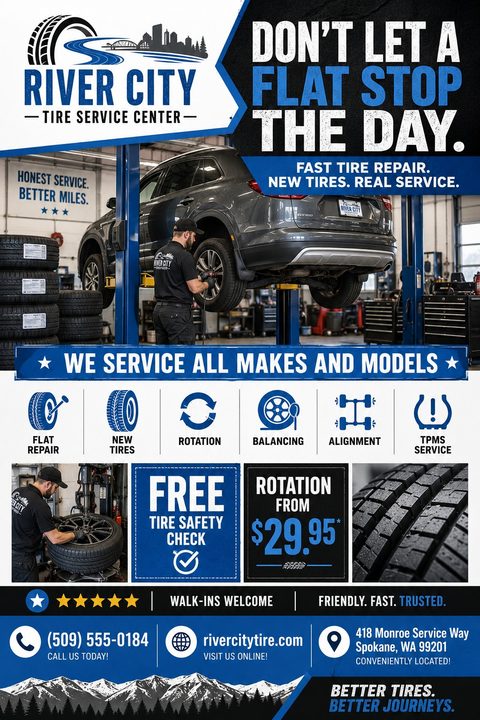 A bold blue, black, and white flyer for a tire service center. It features photos of mechanics working on cars, service icons, promotional pricing blocks, and a textured headline font.