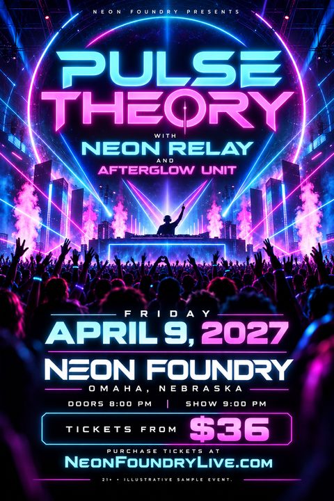 A vibrant neon concert flyer featuring a silhouetted DJ performing for a massive cheering crowd, illuminated by bright pink and cyan laser lights, pyrotechnics, and futuristic glowing typography.