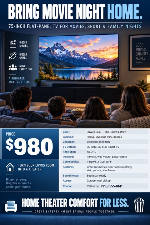 A private sale flyer for a 75-inch TV. A large photo shows a family watching a bright mountain scene on a wall-mounted TV. Below is a bold price and a detailed specification table.