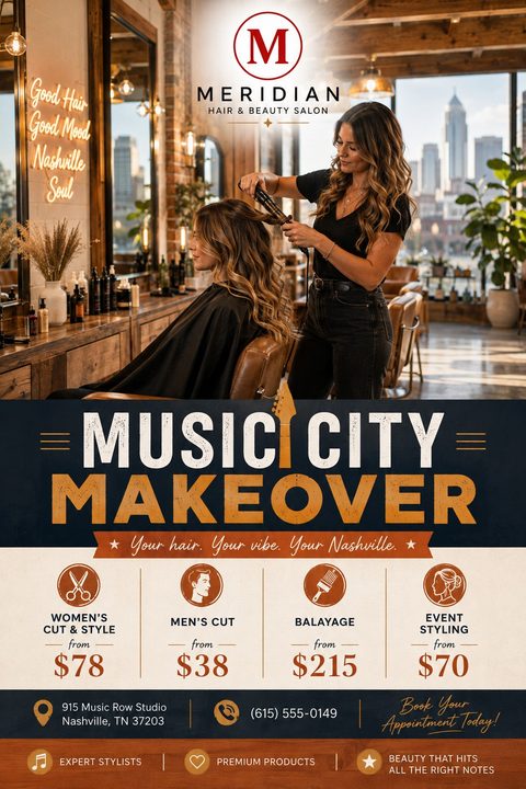Flyer for a hair and beauty salon featuring a photo of a stylist curling a client's hair in a rustic salon setting. Below is a price list for women's cut, men's cut, balayage, and event styling.