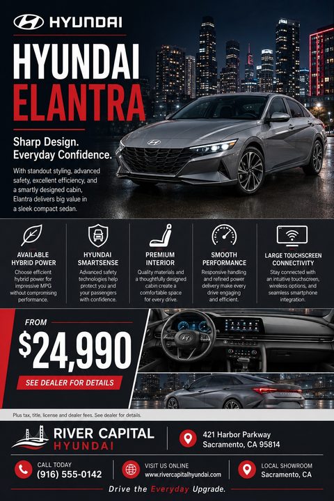 Car dealership flyer featuring a grey sedan against a night cityscape. Includes bold text, a five-column icon grid for vehicle features, interior photos, a large price tag, and contact details.