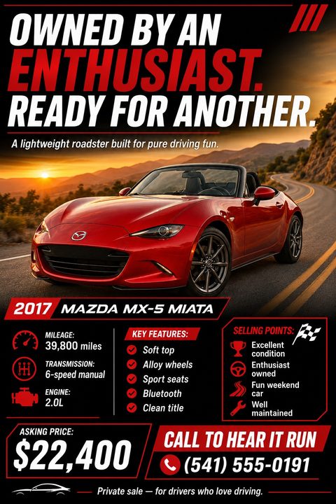 A flyer for a car sale featuring a large photo of a red sports car driving on a scenic road at sunset. Below the photo are sections for mileage, transmission, engine, key features, selling points, asking price, and a phone number.