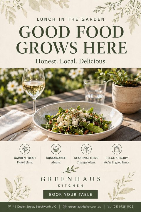 A restaurant flyer with delicate botanical illustrations on a cream background. A central photo shows a fresh salad and white wine on an outdoor wooden table. Earthy green text promotes sustainable, seasonal dining.