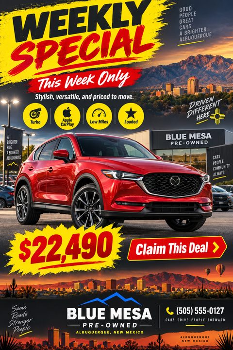 A car dealership flyer titled 'Weekly Special' featuring a red SUV parked in front of a dealership with a city and mountains in the background. It highlights features like Turbo and Low Miles, with a large price tag of $22,490.
