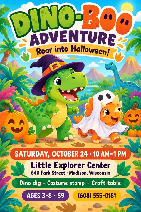 Flyer for a 'Dino-Boo Adventure' kids Halloween event featuring a cartoon T-Rex in a witch hat and a Triceratops in a ghost costume, with pumpkins and a volcano in the background.