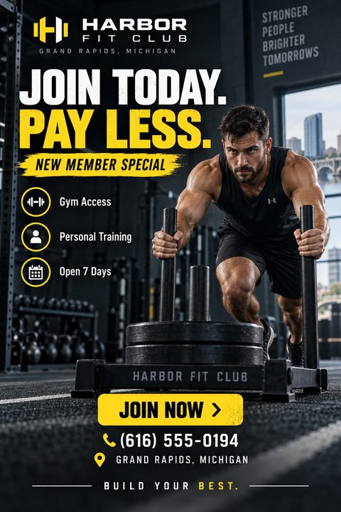 A gritty gym flyer featuring a muscular man pushing a heavy sled. Bold white and yellow distressed text advertises a new member special over a dark background with fitness icons.