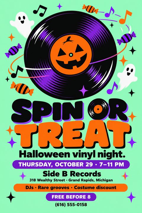 A light green flyer with a large black vinyl record at the top. The record's center label is an orange jack-o'-lantern face. Around the record are floating musical notes, ghosts, candies, and stars. The text reads 'SPIN OR TREAT' in large, bubbly.