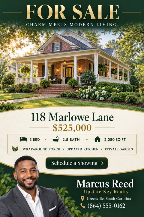 Real estate for sale flyer featuring a large photo of a brick house with a wraparound porch, property details, price, and an agent profile on a dark green and cream background with gold accents.