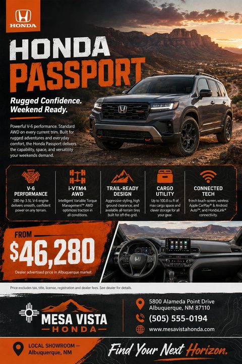 A rugged car dealership flyer featuring a dark grey SUV against a desert mountain sunset. It includes bold orange text, icons for vehicle features, an interior dashboard photo, and a prominent price tag.