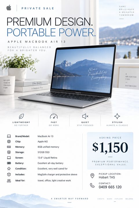 A flyer advertising a laptop for sale. The top half features a large photo of a laptop on a desk. The bottom half lists specifications like Brand, Chip, Memory, Storage, and Condition, alongside an asking price of $1,150 and contact details.