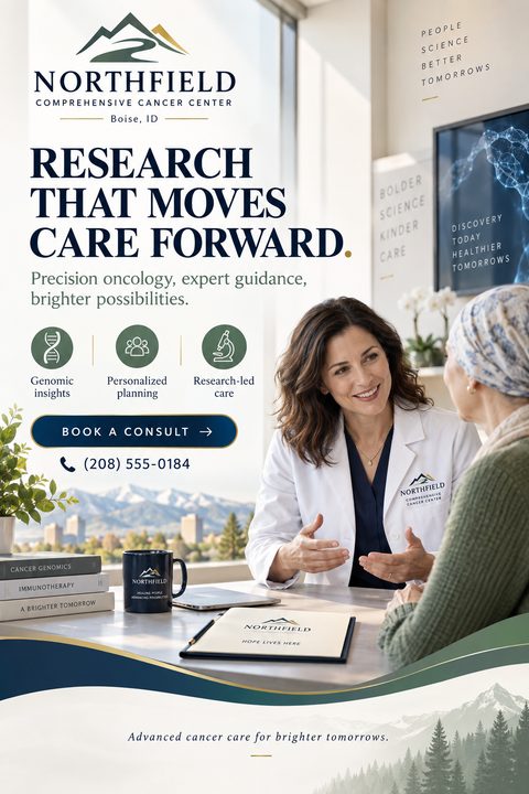 Flyer for a medical center featuring a doctor consulting with a patient. Text reads 'Research that moves care forward.' with icons for genomic insights, personalized planning, and research-led care.
