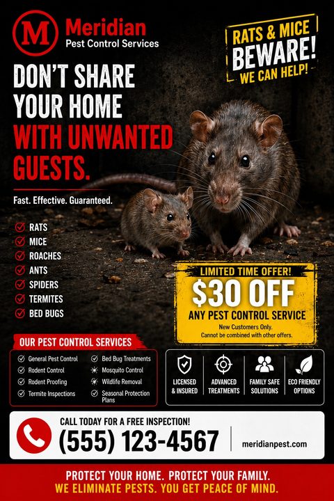 Pest control flyer template with a dark background and a large photo of a rat and a mouse. Text reads 'Don't share your home with unwanted guests' and offers $30 off any pest control service.