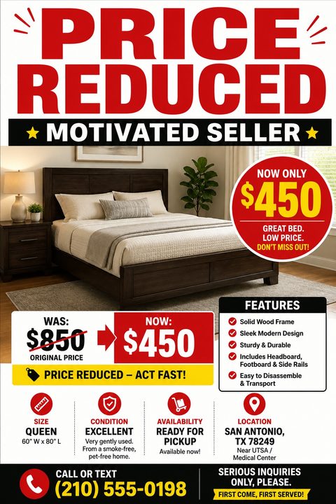 A bold flyer with 'PRICE REDUCED' in large red letters at the top. Below is a photo of a wooden bed, a red price circle, a 'Was/Now' price comparison, and a features list.