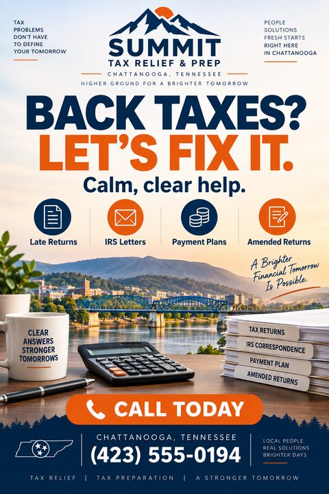 Flyer for tax relief and preparation services featuring a scenic view of a city with a bridge over a river, a desk with a calculator, coffee mug, and tax documents, and icons for late returns, IRS letters, payment plans, and amended returns.