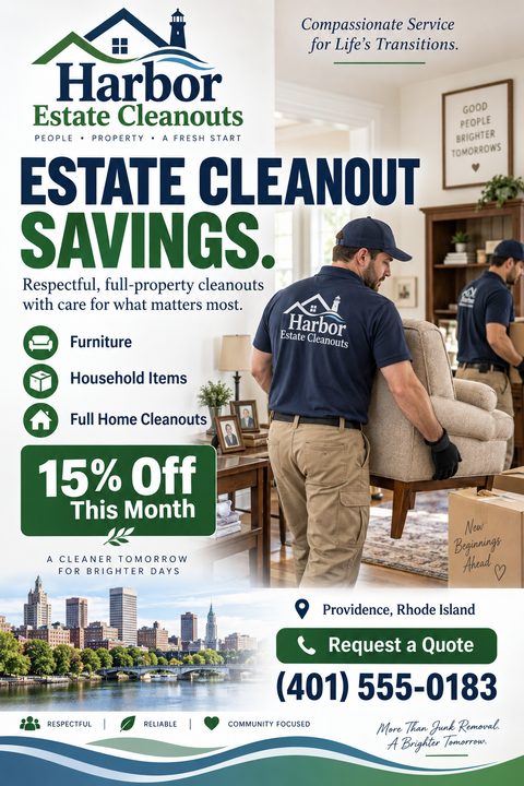 A professional estate cleanout flyer featuring a photo of movers carrying an armchair. The design uses navy blue and green text, highlighting a 15% off discount and a city skyline at the bottom.