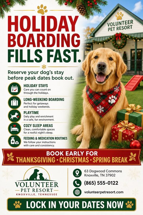 Flyer for holiday dog boarding featuring a golden retriever wearing a festive bandana sitting next to wrapped presents. Text reads 'Holiday Boarding Fills Fast' with a list of services like playtime and cozy sleep areas.