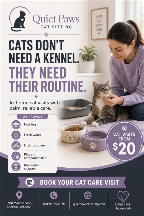 A cat sitting flyer featuring a woman petting a tabby cat. It includes a purple and white color scheme, a list of services with icons, pricing, and contact information at the bottom.