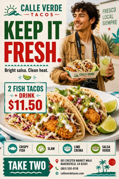 Flyer for a taco shop featuring a large photo of two fish tacos and a smaller photo of a man holding a tray of tacos and a drink. Text reads 'Keep it Fresh' and '2 Fish Tacos + Drink $11.50'.