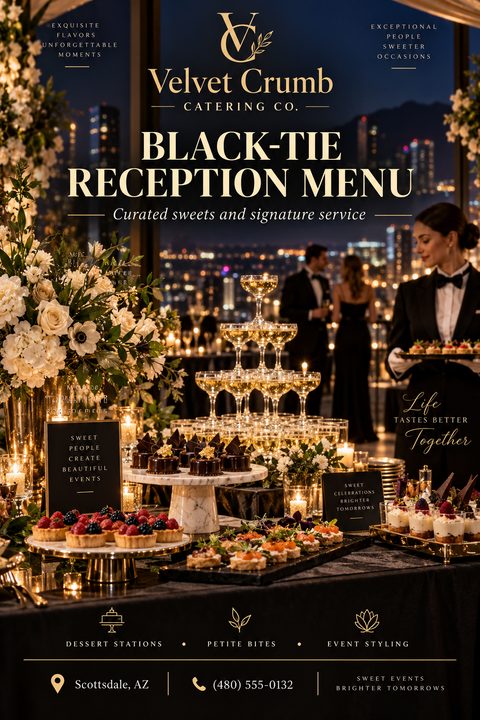 A sophisticated catering flyer featuring a lavish dessert spread with a champagne tower against a city skyline at night. Text reads 'Velvet Crumb Catering Co. Black-Tie Reception Menu'.