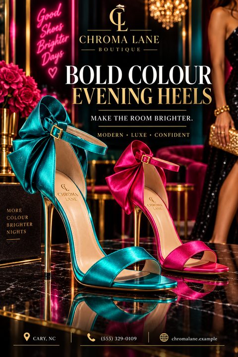 A glamorous flyer featuring a teal and a pink high heel shoe with large bows on a reflective surface. The background is dark with gold accents, neon pink text, and a woman in a sparkly dress.