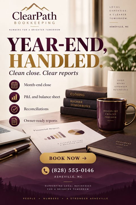 A bookkeeping flyer template with a burgundy and gold color scheme. The background image shows a desk with a financial report, books, a coffee mug, and a laptop. Text reads 'Year-End, Handled. Clean close. Clear reports.'