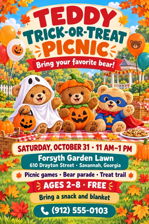 Three cute teddy bears wearing ghost, pumpkin, and superhero costumes sit on a picnic blanket surrounded by pumpkins, autumn leaves, and balloons in a park setting.