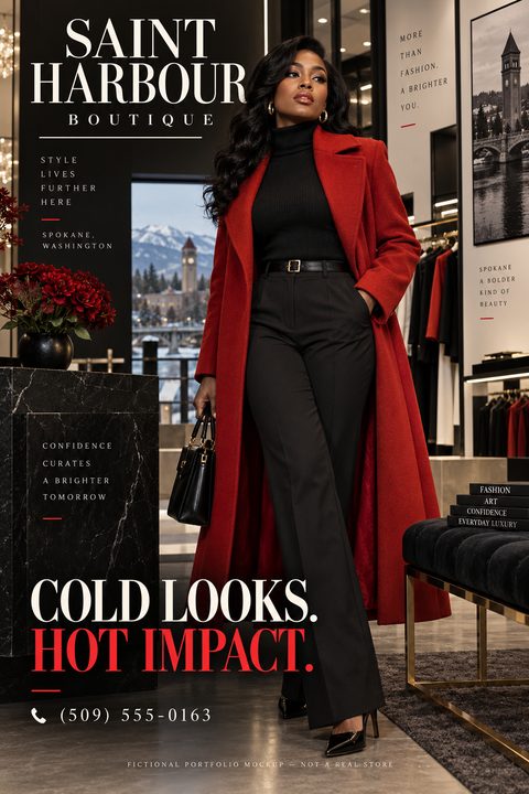 A fashion boutique flyer featuring a woman in a long red coat and black outfit standing in a modern store. Text reads 'Saint Harbour Boutique' and 'Cold Looks. Hot Impact.'