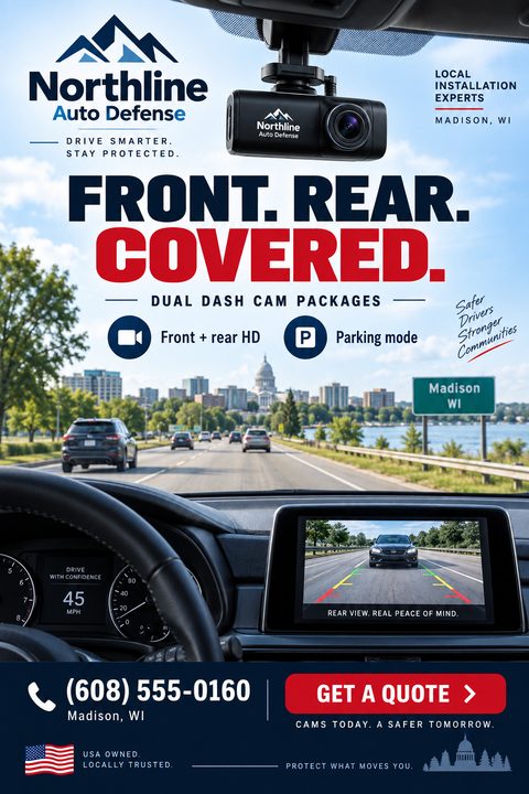 A flyer for dash cam installation featuring a view from inside a car driving towards a city skyline. A dash cam is mounted on the windshield, and the screen shows a rear view.