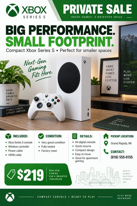 A flyer for a private sale of an Xbox Series S. The flyer has a green and white color scheme. It features a large photo of the console and controller on a desk, with text highlighting its compact size. Below the photo are sections for 'Included'.