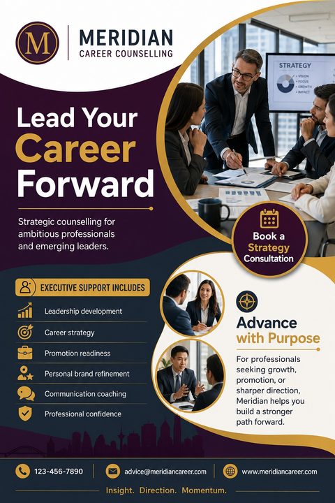 A professional flyer with a navy blue, plum, and gold color scheme featuring curved sections. It includes photos of business people in meetings and a list of executive support services with gold icons.