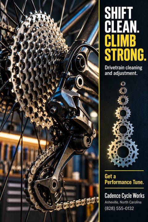 A split-layout flyer featuring a close-up photo of a bicycle cassette and derailleur on the left. The right side has a black background with bold yellow text and stacked silver gears.