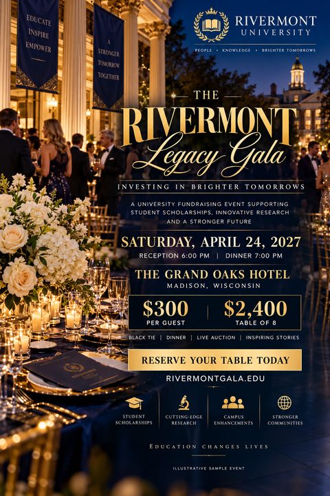 A formal gala fundraising flyer with a background photo of an elegant outdoor dinner setting at night. The text is in gold and white over a dark navy overlay, advertising a university legacy gala.