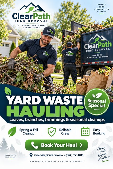 A flyer for yard waste hauling services featuring a photo of two men loading branches into a truck. Below, bold text reads 'Yard Waste Hauling' with a 'Seasonal Special' badge and service icons.