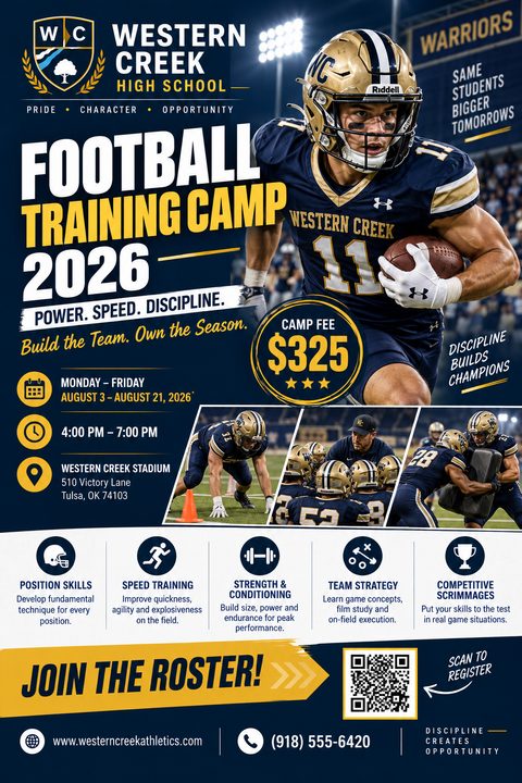 A navy blue and gold football training camp flyer featuring a large action shot of a player running with the ball, smaller photos of drills, camp details, skill icons, and a registration QR code.