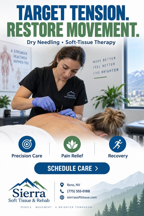 Flyer for dry needling and soft tissue therapy. Features a photo of a practitioner performing dry needling on a patient's back. Icons for Precision Care, Pain Relief, and Recovery. Call to action button says Schedule Care.