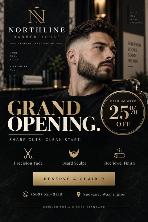 Barbershop grand opening flyer with a black marble background, gold text, a photo of a man with a fresh haircut and beard trim, and icons for precision fade, beard sculpt, and hot towel finish.