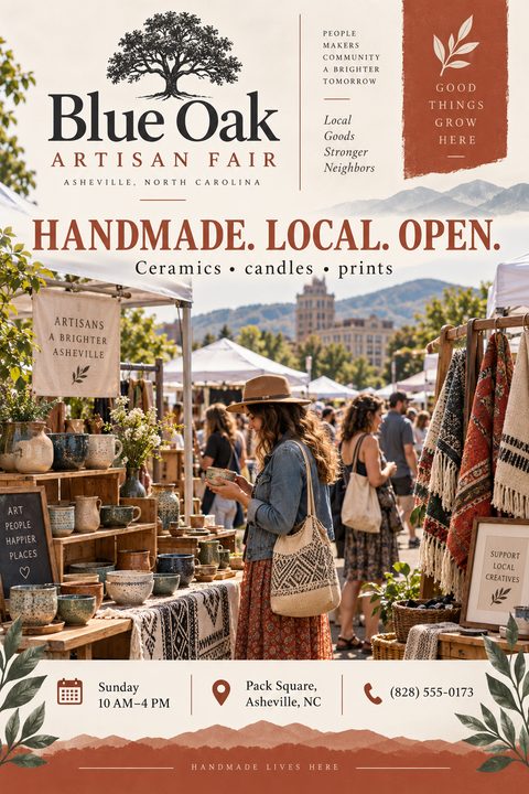 Rustic artisan fair flyer template featuring a woman browsing ceramics at an outdoor market stall. The design includes earthy terracotta accents, elegant serif typography, and a mountain silhouette graphic.