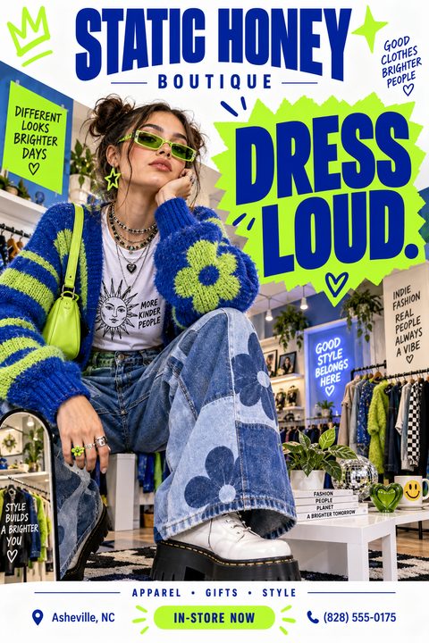 Flyer for a fashion boutique featuring a model in a blue and green sweater and patterned jeans. Bold blue text reads 'Static Honey Boutique' and 'Dress Loud' on a neon green background.