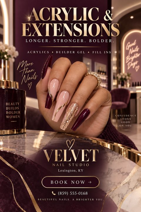 A luxurious nail salon flyer featuring a hand with long, elegant acrylic nails in shades of burgundy, nude, and gold glitter. The text reads 'Acrylic & Extensions' in gold lettering against a deep burgundy background.