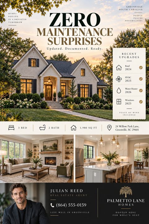 Real estate flyer featuring a large exterior home photo, two interior shots, a 'Recent Upgrades' checklist box, property details, and a dark bottom section for agent headshot, contact info, and logo.